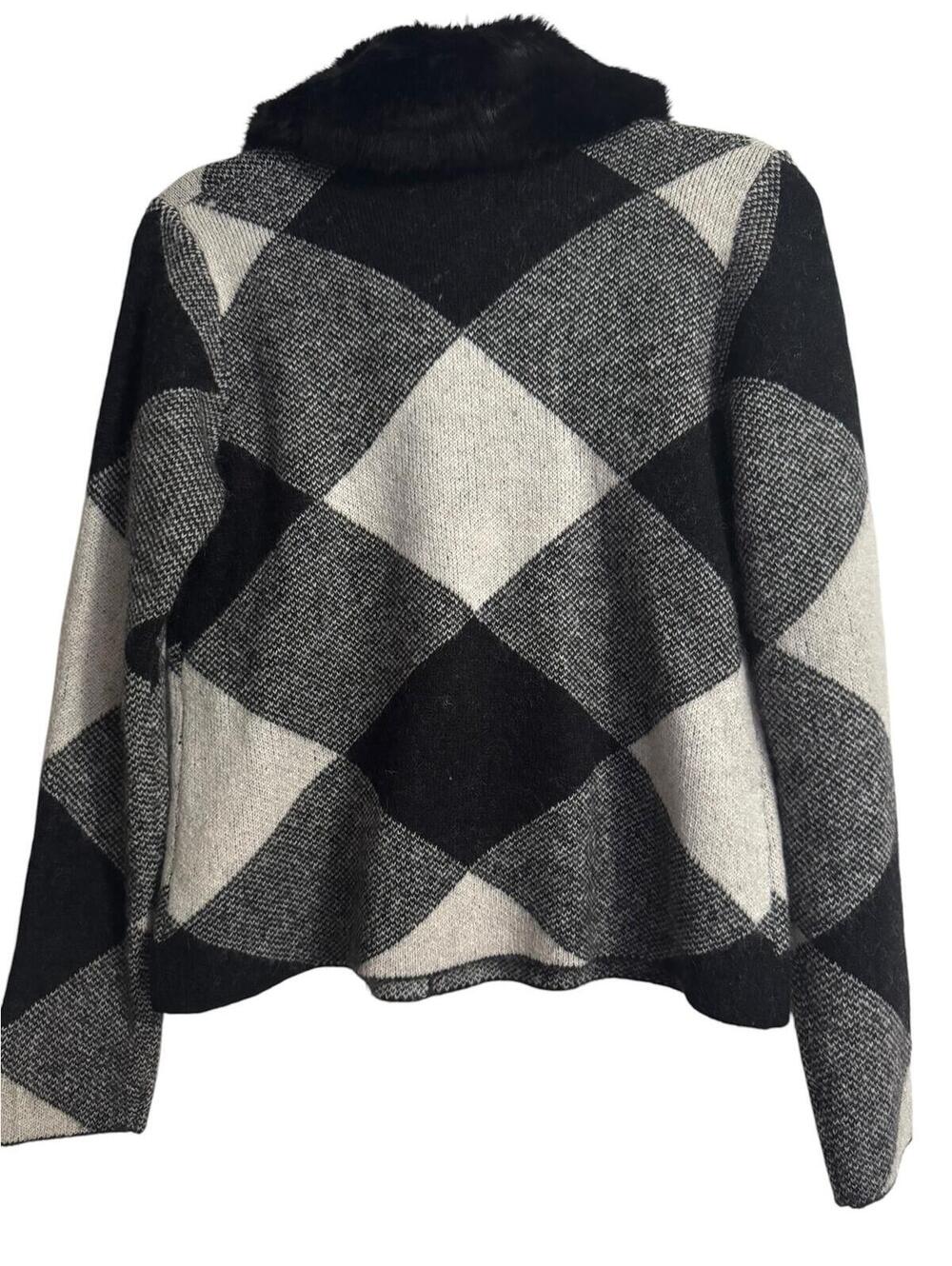 Cynthia Rowley Black and Gray Checkered Wool Blend Jacket with Faux Fur Collar - Picture 2 of 6
